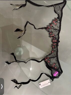 Delicate Black Sheer Floral Garter Belt with Pink Embroidery